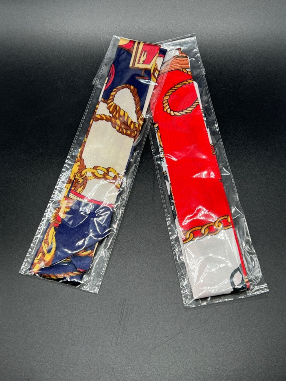Silky Patterned Twilly Bag Scarf Hair Wrap - Blue, Red, White & Gold Set/2 NEW